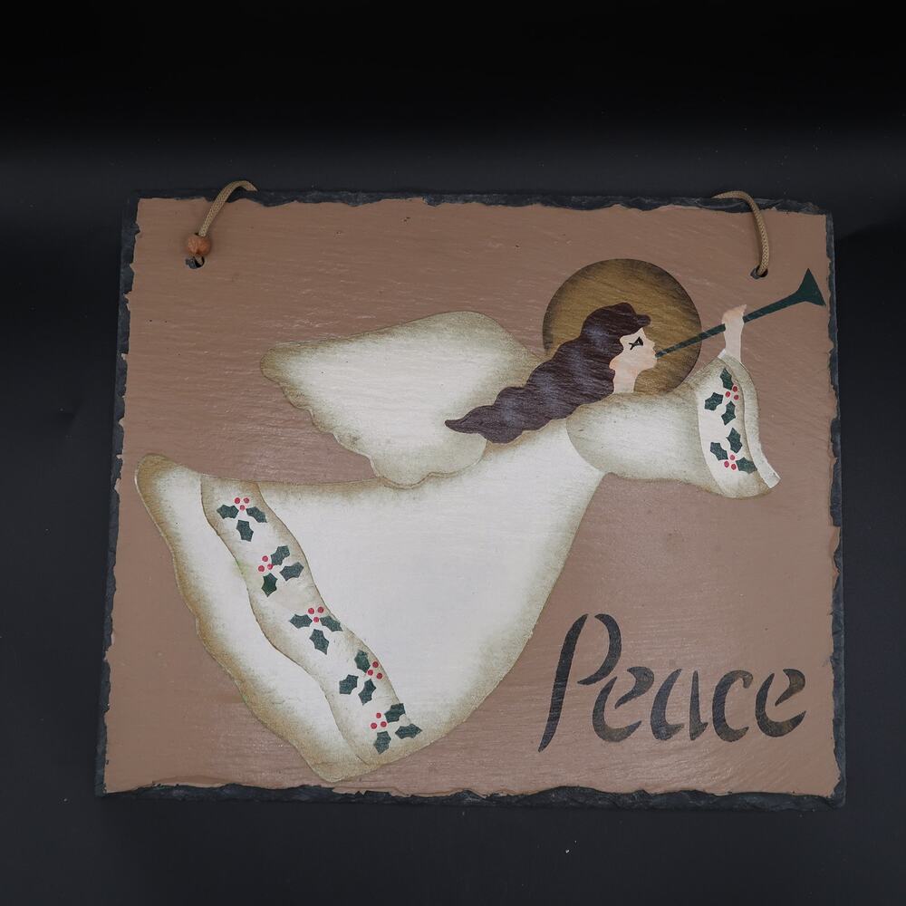 Peace Angel Natural Slate Wall Hanging 12 in Vintage Holiday Christmas Brown